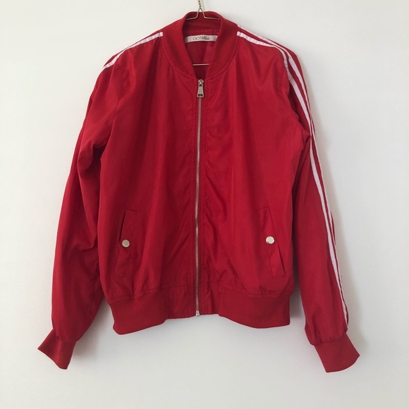 red jacket with white stripes